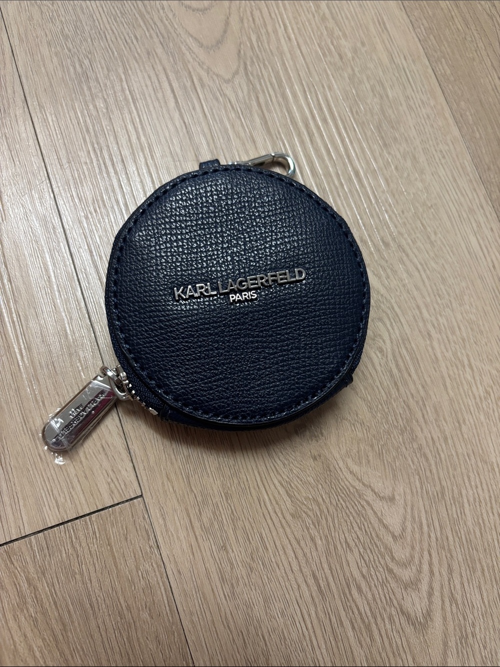 Karl Lagerfeld Navy Round Leather Coin Case with Silver Hardware